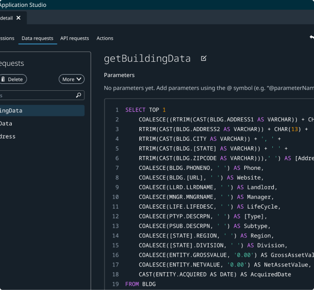 Screenshot of the SQL query editing screen of the low code development tool