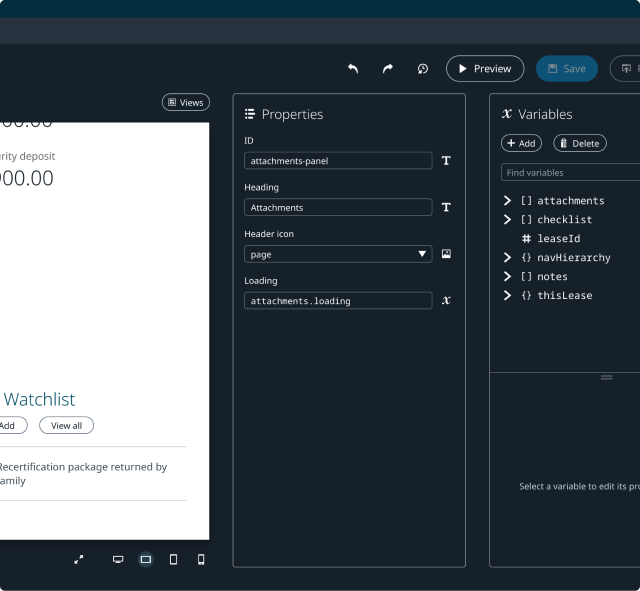 Screenshot of the canvas and properties of a selected element in the low code development tool