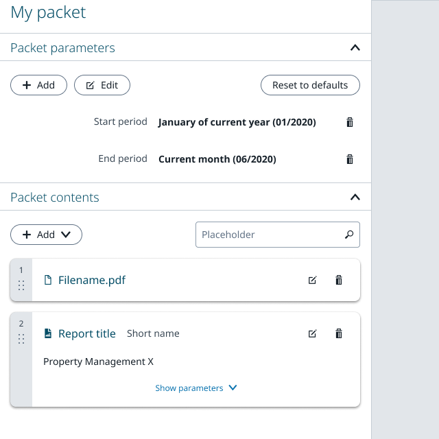 Screenshot of parameters in the setup screen for report packets