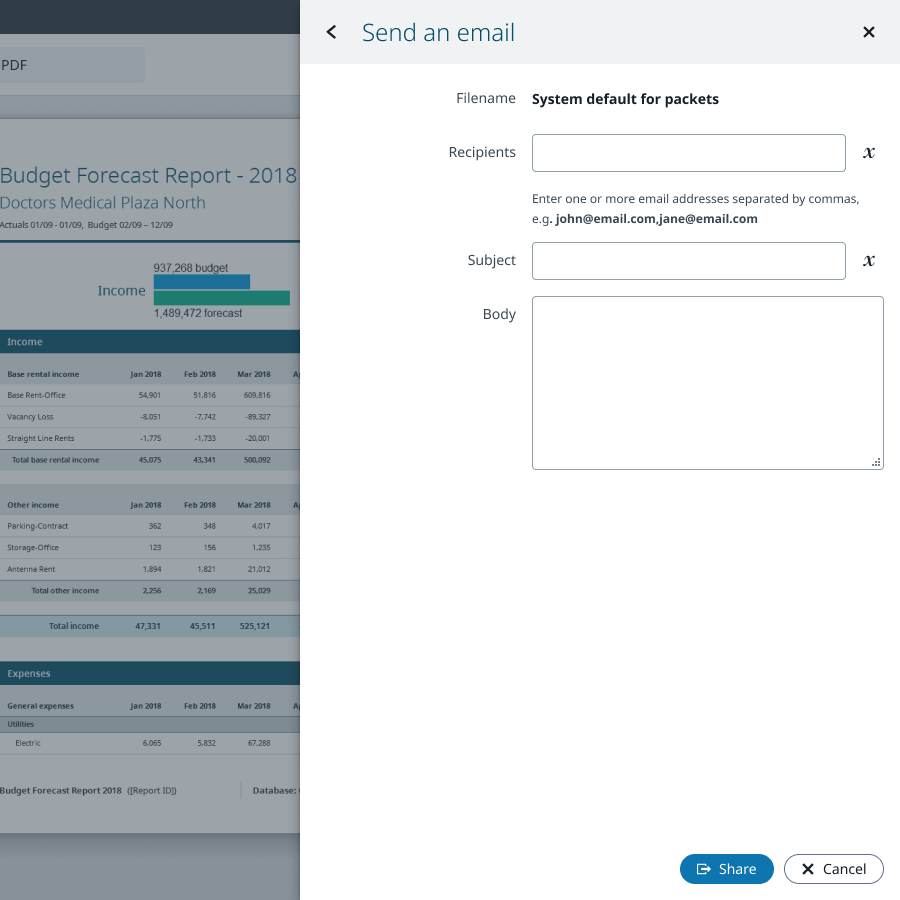 Screenshot of the form for sending a report as an email